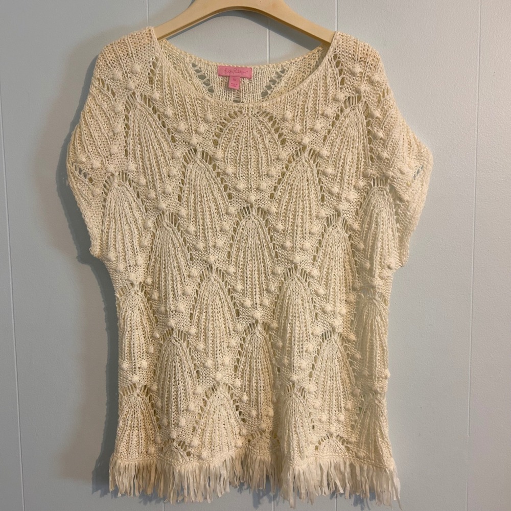 Lilly Pulitzer Ivory Pointelle Bobble Knit Fringe Hem Sweater Top‎ Womens XL
